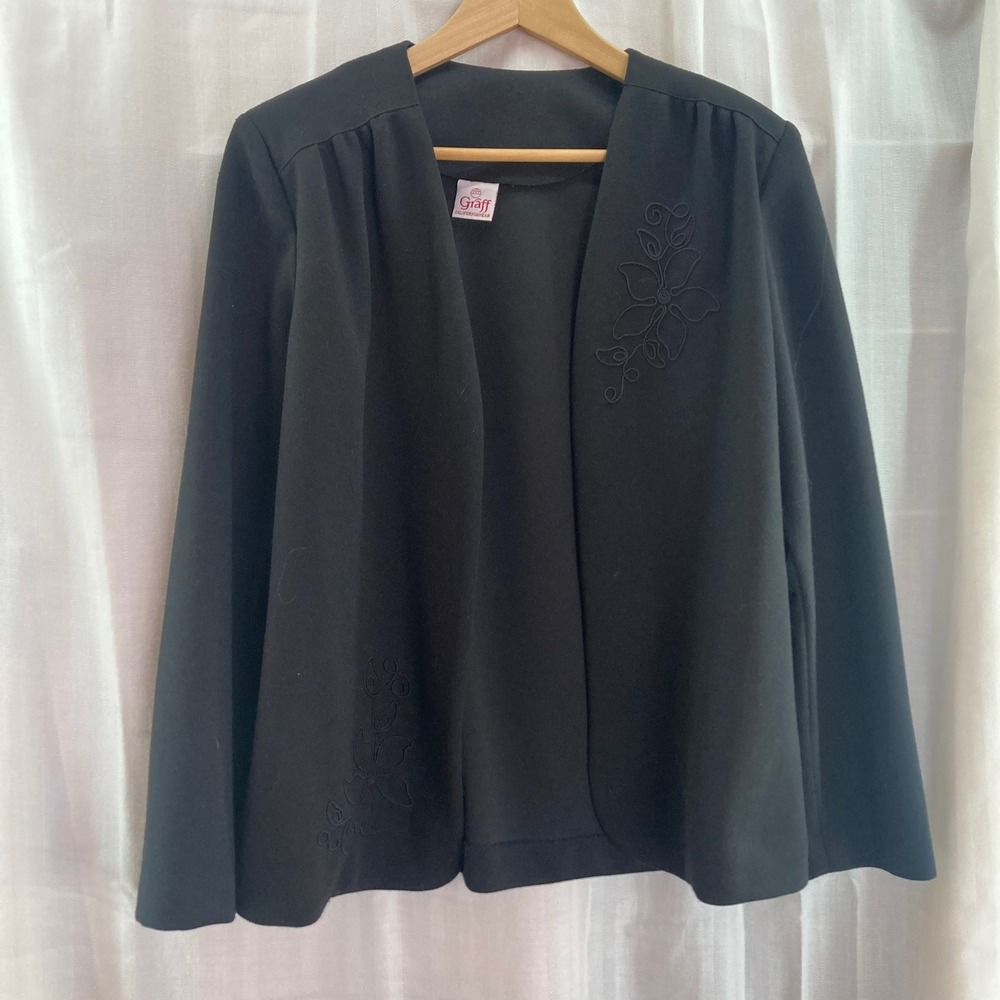 Vintage Black Embroidered Floral Open Front Cardigan Jacket‎ Classic